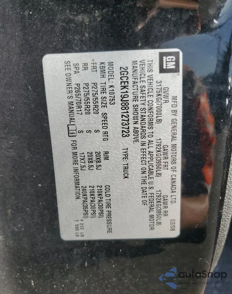 2008 Chevrolet Silverado K1500 z USA, uszkodzony, nr VIN 2GCEK19J881273723